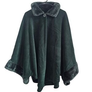 Arsee Dark Forest Green Fleece Poncho Cape Faux Fur Trim One Size Missy RN 67409